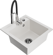 Mexen Vito granite sink 1-bowl with Aster kitchen faucet, white - 6503-20-73450-07-B