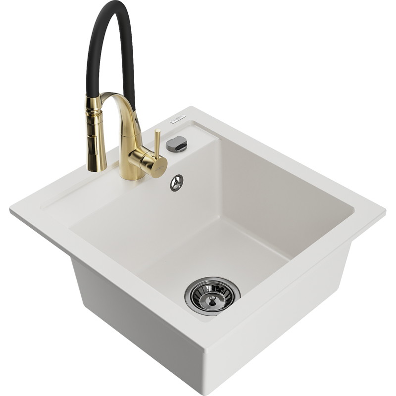 Mexen Matias 1.5-bowl granite sink with a drainer and Aster kitchen faucet, white - 6502-20-73450-57-B