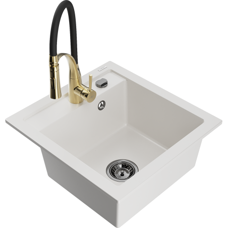 Mexen Matias 1.5-bowl granite sink with a drainer and Aster kitchen faucet, white - 6502-20-73450-57-B