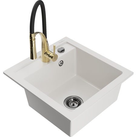Mexen Matias granite sink 1.5-bowl with drainer and Aster kitchen tap, white - 6502-20-73450-57-B