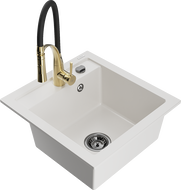 Mexen Matias granite sink 1.5-bowl with drainer and Aster kitchen faucet, white - 6502-20-73450-57-B