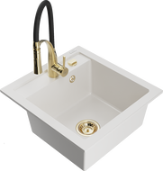 Mexen Vito 1-bowl granite sink with Aster kitchen faucet, white - 6503-20-73450-57-B