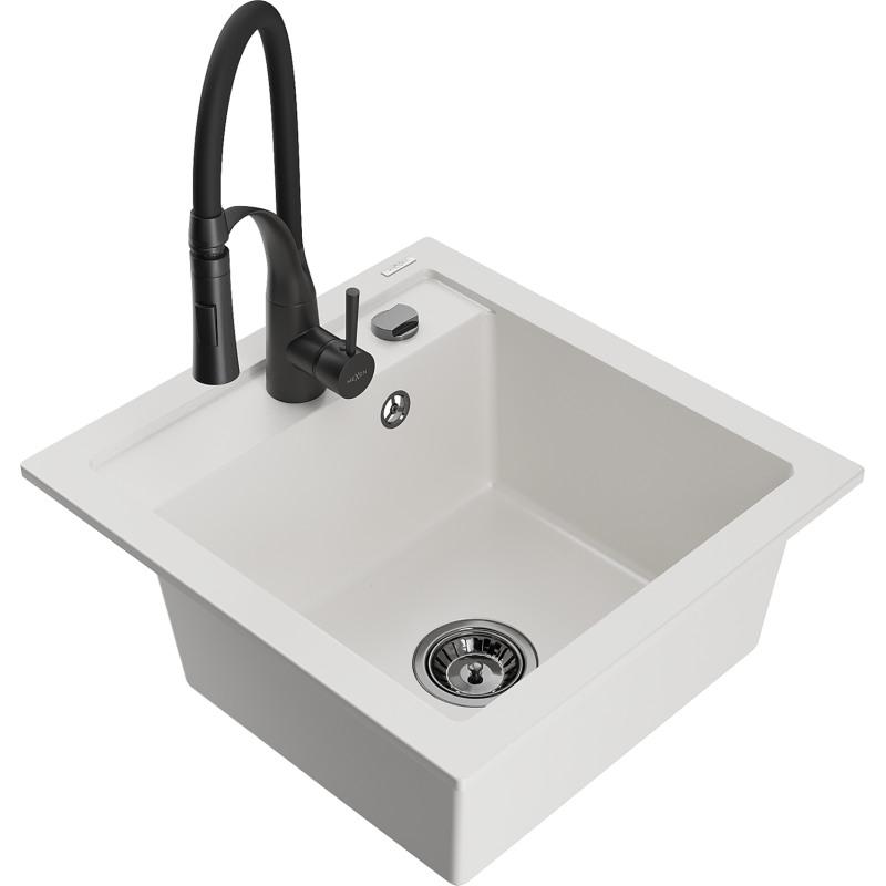 Mexen Vito 1-bowl granite sink with Aster kitchen tap, white - 6503-20-73450-70-B