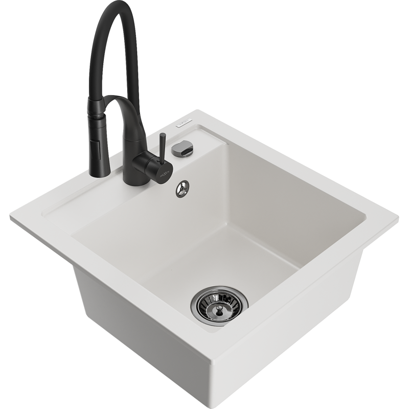 Mexen Vito 1-compartment granite sink with a kitchen mixer tap Aster, White - 6503-20-73450-70-B