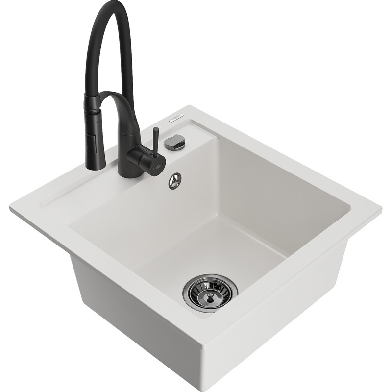 Mexen Vito granite kitchen sink 1-bowl with Aster kitchen faucet, white - 6503-20-73450-70-B