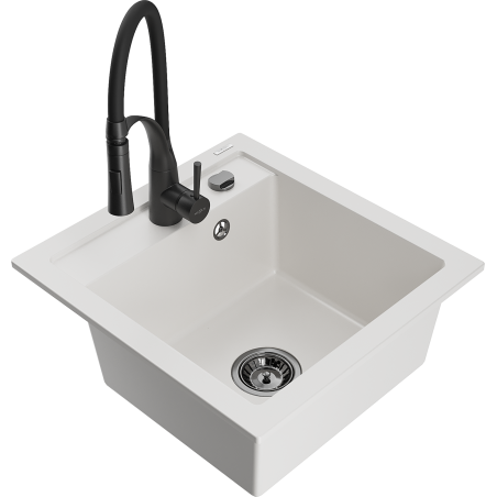 Mexen Vito 1-bowl granite sink with Aster kitchen tap, white - 6503-20-73450-70-B