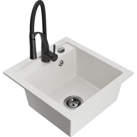 Mexen Vito granite kitchen sink 1-bowl with Aster kitchen faucet, white - 6503-20-73450-70-B