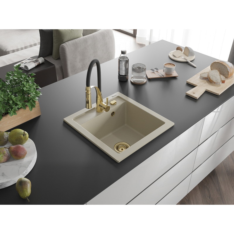 Mexen Vito 1-bowl granite sink with Aster kitchen faucet, beige - 6503-69-73450-57-G