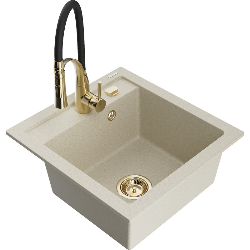 Mexen Vito 1-bowl granite sink with Aster kitchen faucet, beige - 6503-69-73450-57-G