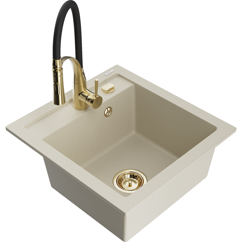 Mexen Vito Granite Kitchen Sink 1-Bowl with Aster Tap, Beige - 6503-69-73450-57-G