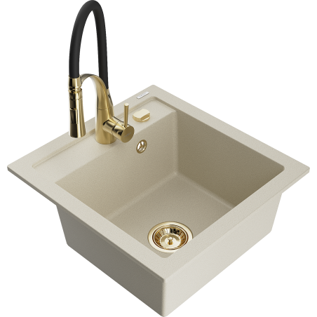 Mexen Vito Granite Kitchen Sink 1-Bowl with Aster Tap, Beige - 6503-69-73450-57-G