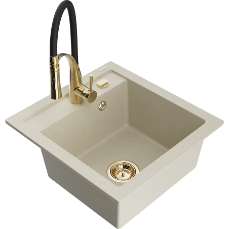 Mexen Vito granite single-bowl sink with Aster kitchen faucet, beige - 6503-69-73450-57-G