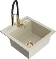 Mexen Vito 1-bowl granite sink with Aster kitchen faucet, beige - 6503-69-73450-57-G