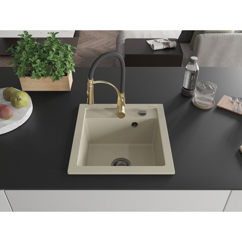 Mexen Vito 1-bowl granite sink with Aster kitchen tap, beige - 6503-69-73450-57-B