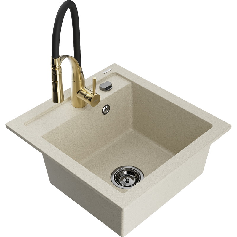 Mexen Vito one-bowl granite sink with Aster kitchen faucet, beige - 6503-69-73450-57-B