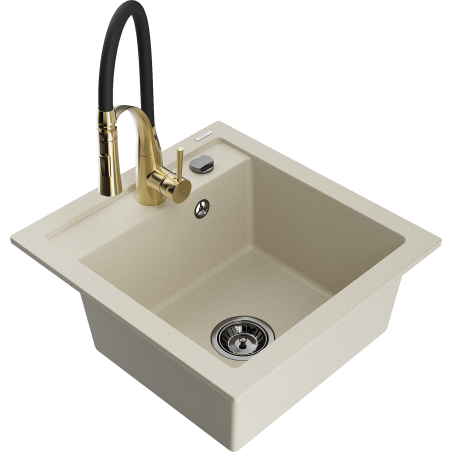 Mexen Vito 1-compartment granite sink with Aster kitchen faucet, beige - 6503-69-73450-57-B