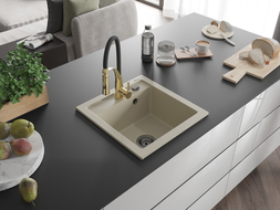 Mexen Vito one-bowl granite sink with Aster kitchen faucet, beige - 6503-69-73450-57-B