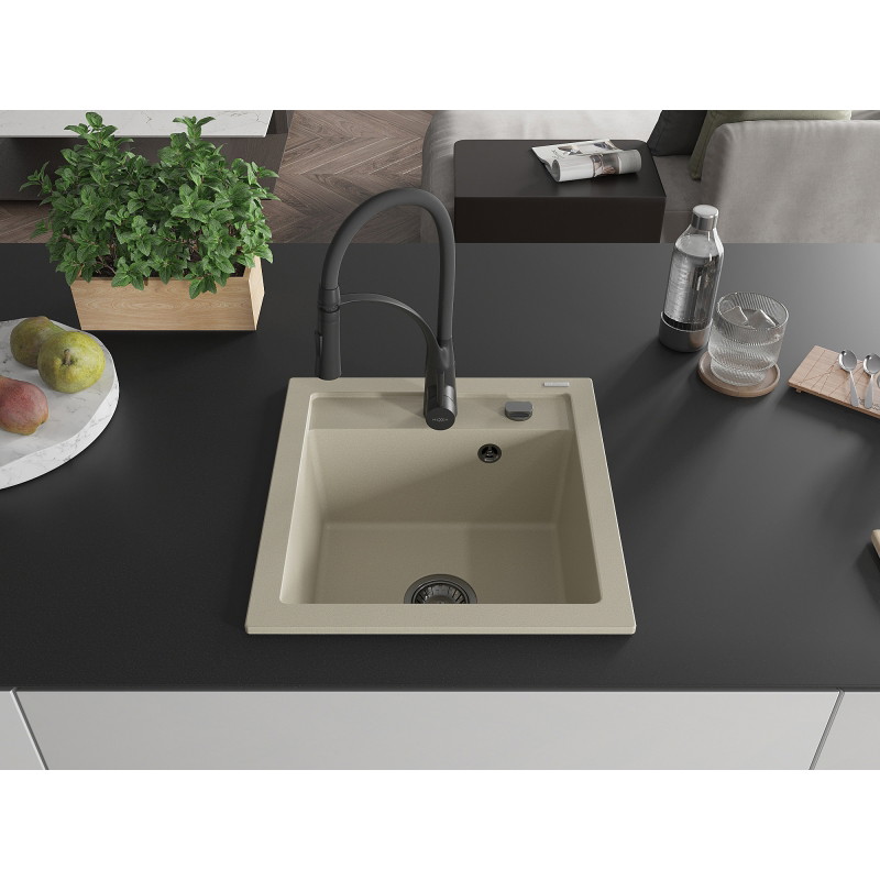 Mexen Vito 1-bowl granite sink with Aster kitchen faucet, beige - 6503-69-73450-70-B