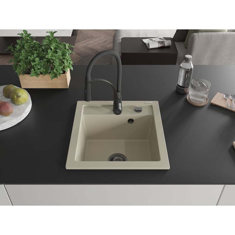 Mexen Vito granite 1-bowl kitchen sink with Aster kitchen faucet, beige - 6503-69-73450-70-B