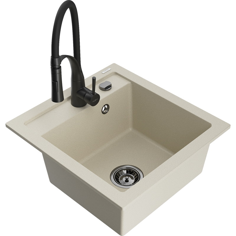 Mexen Vito 1-bowl granite sink with Aster kitchen faucet, beige - 6503-69-73450-70-B