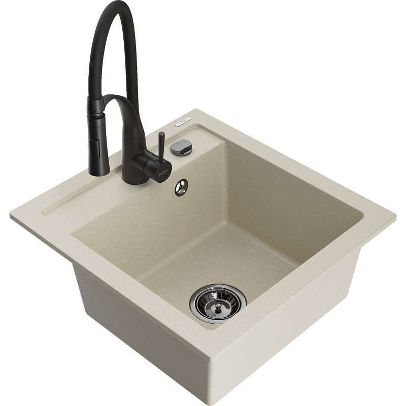 Mexen Vito 1-bowl Granite Sink with Aster Kitchen Tap, Beige - 6503-69-73450-70-B