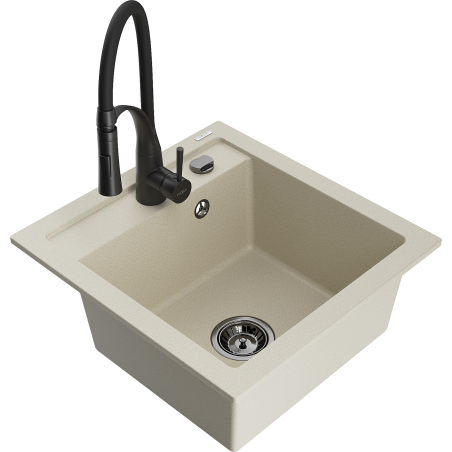 Mexen Vito 1-bowl granite sink with Aster kitchen faucet, beige - 6503-69-73450-70-B