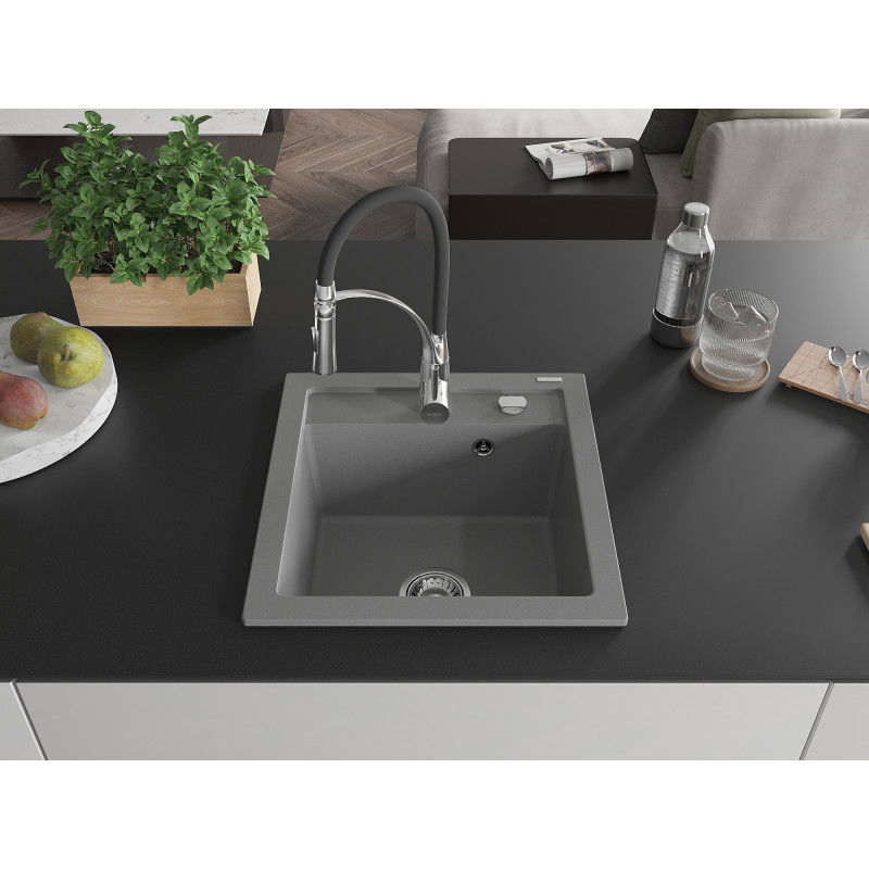 Mexen Vito 1-bowl granite sink with Aster kitchen tap, grey - 6503-71-73450-07