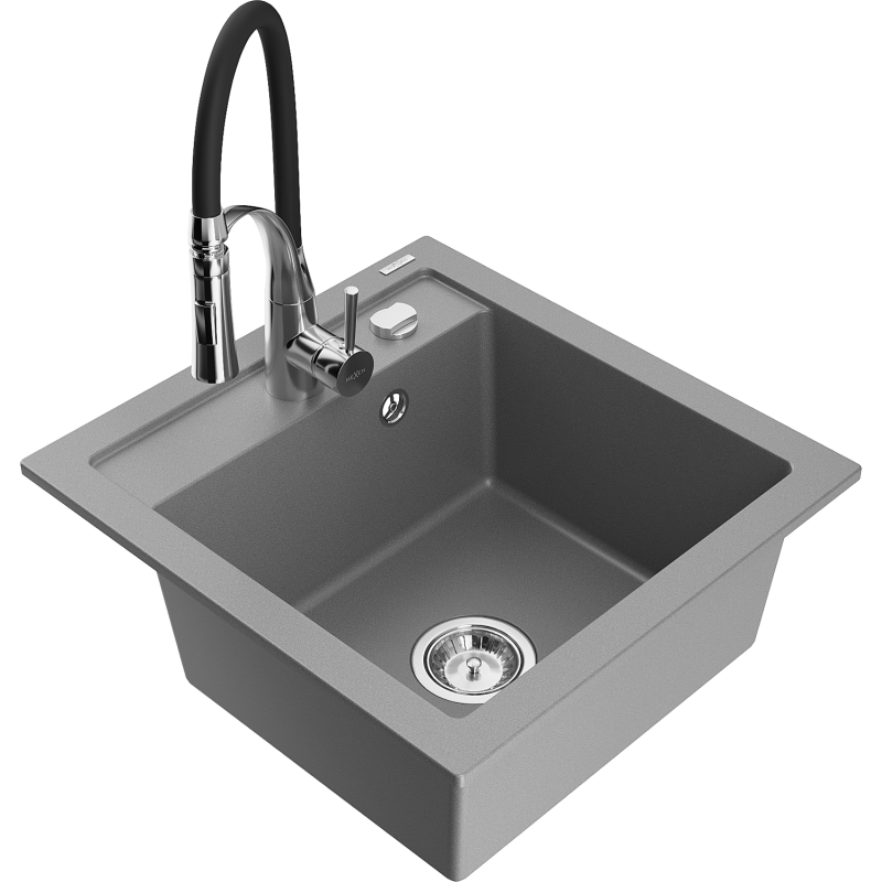 Mexen Vito 1-bowl granite sink with Aster kitchen tap, grey - 6503-71-73450-07