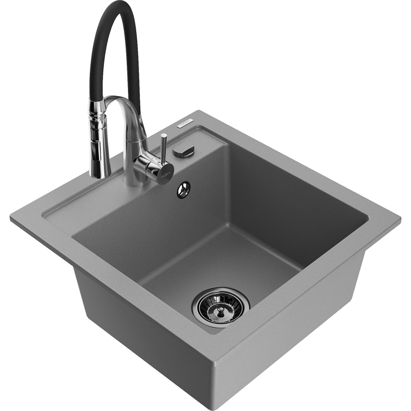 Mexen Vito 1-bowl granite sink with Aster kitchen faucet, grey - 6503-71-73450-07-B