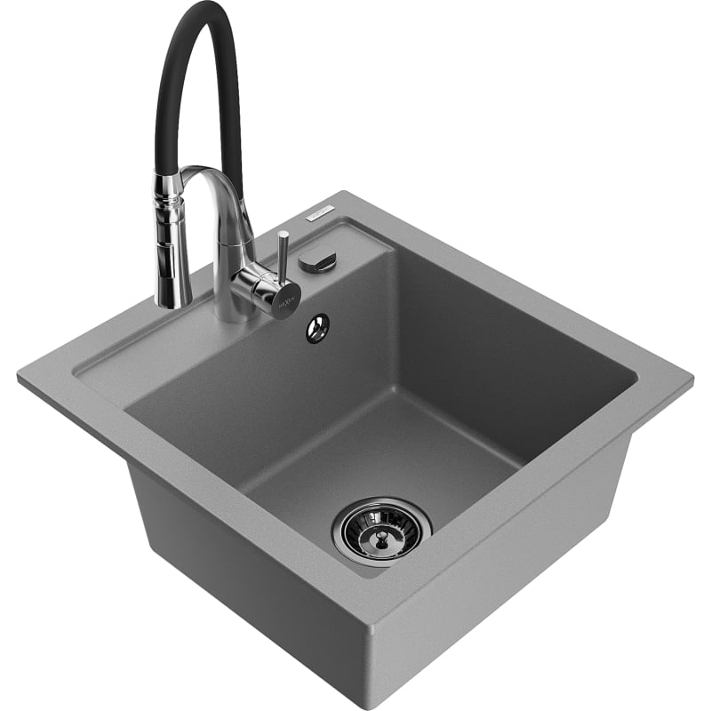 Mexen Vito granite single-bowl kitchen sink with Aster faucet, gray - 6503-71-73450-07-B