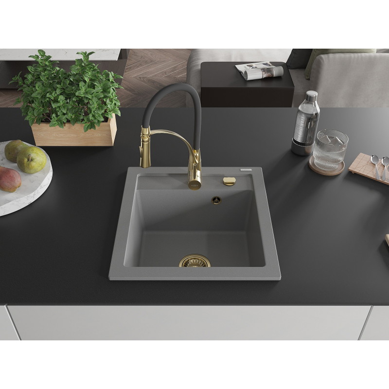 Mexen Vito granite kitchen sink single-bowl with Aster kitchen faucet, gray - 6503-71-73450-57-G