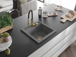 Mexen Vito granite sink single-bowl with Aster kitchen faucet, gray - 6503-71-73450-57-G