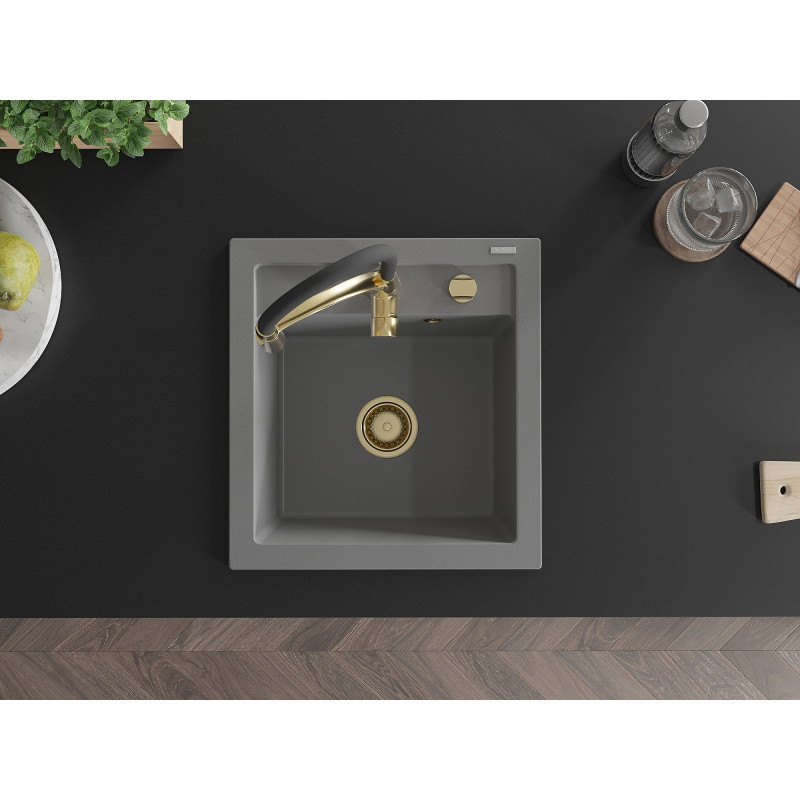 Mexen Vito granite sink single-bowl with Aster kitchen faucet, gray - 6503-71-73450-57-G