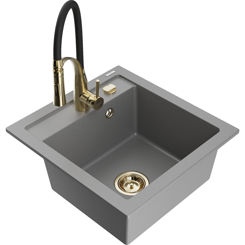 Mexen Vito granite kitchen sink 1-bowl with Aster kitchen tap, grey - 6503-71-73450-57-G