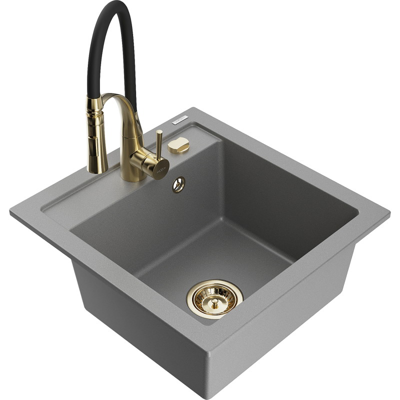 Mexen Vito granite sink single-bowl with Aster kitchen faucet, gray - 6503-71-73450-57-G