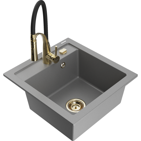 Mexen Vito granite kitchen sink single-bowl with Aster kitchen faucet, gray - 6503-71-73450-57-G