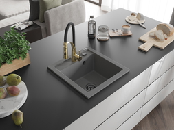 Mexen Vito 1-compartment granite sink with a kitchen mixer tap Aster, Grey - 6503-71-73450-57-B