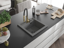 Mexen Vito granite sink 1-bowl with Aster kitchen tap, grey - 6503-71-73450-57-B