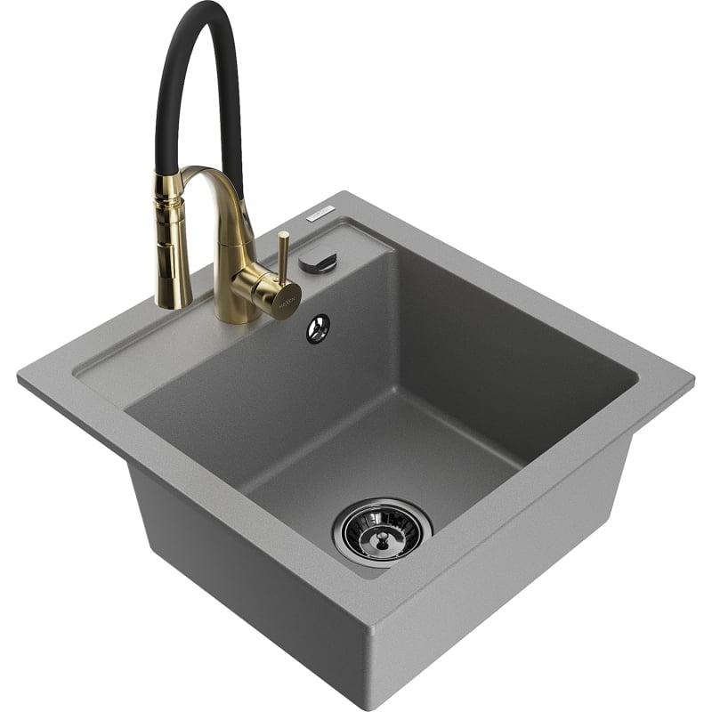 Mexen Vito 1-bowl granite sink with Aster kitchen faucet, gray - 6503-71-73450-57-B