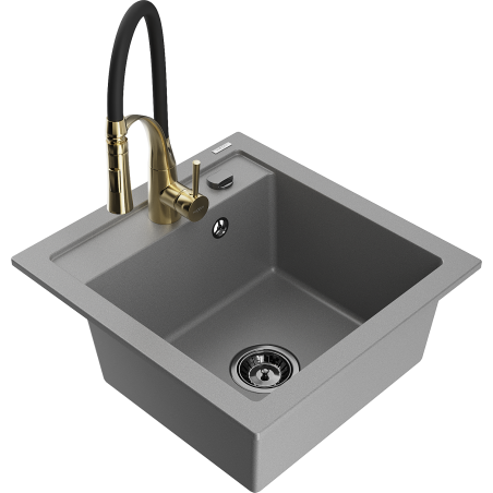Mexen Vito 1-bowl granite sink with Aster kitchen faucet, gray - 6503-71-73450-57-B