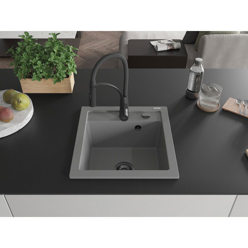 Mexen Vito 1-bowl Granite Sink with Aster Kitchen Tap, Grey - 6503-71-73450-70-B