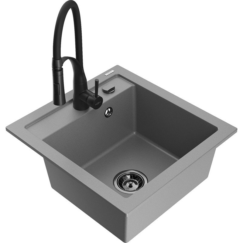 Mexen Vito 1-bowl granite kitchen sink with Aster faucet, gray - 6503-71-73450-70-B