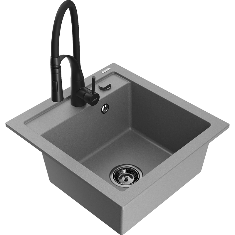 Mexen Vito 1-bowl Granite Sink with Aster Kitchen Tap, Grey - 6503-71-73450-70-B