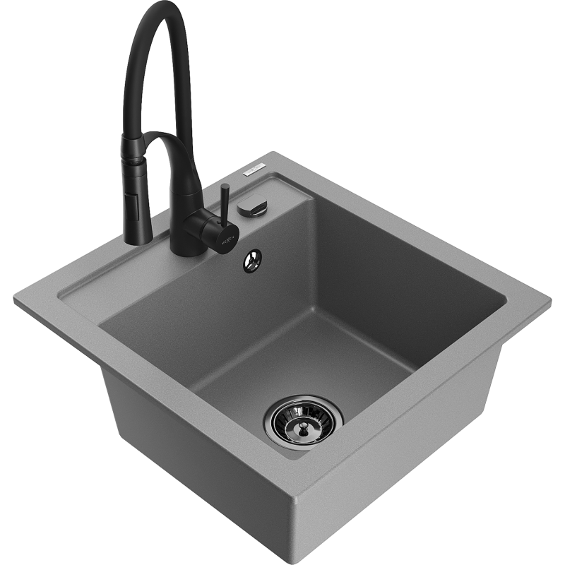 Mexen Vito 1-compartment granite sink with a kitchen mixer tap Aster, Grey - 6503-71-73450-70-B