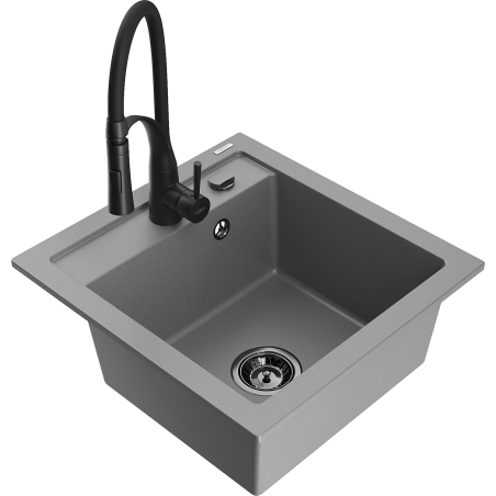 Mexen Vito granite kitchen sink 1-bowl with Aster kitchen faucet, gray - 6503-71-73450-70-B
