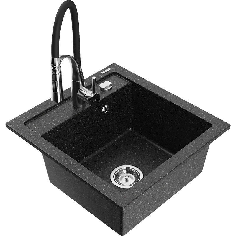 Mexen Vito 1-bowl granite sink with Aster kitchen faucet, black/silver metallic - 6503-73-73450-07