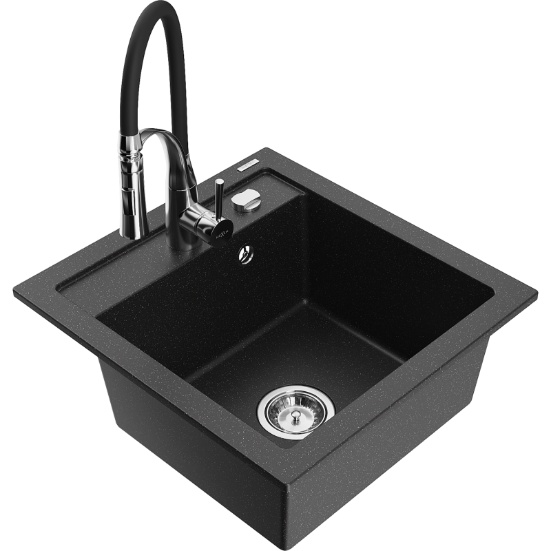 Mexen Vito 1-compartment granite sink with a kitchen mixer tap Aster, Black/Silver metallic- 6503-73-73450-07