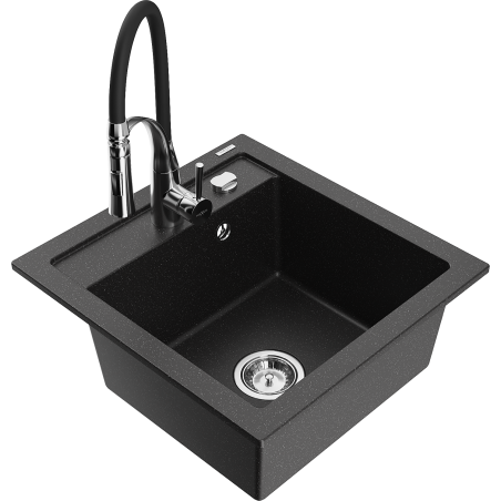 Mexen Vito granite kitchen sink 1-bowl with Aster kitchen faucet, black/silver metallic - 6503-73-73450-07