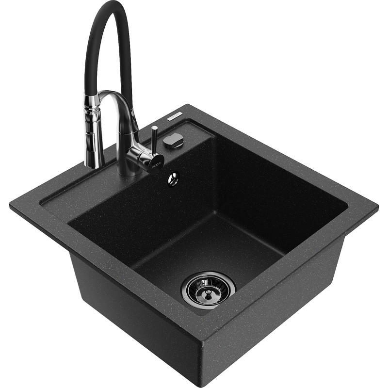 Mexen Vito 1-Bowl Granite Sink with Aster Kitchen Faucet, Black/Silver Metallic - 6503-73-73450-07-B