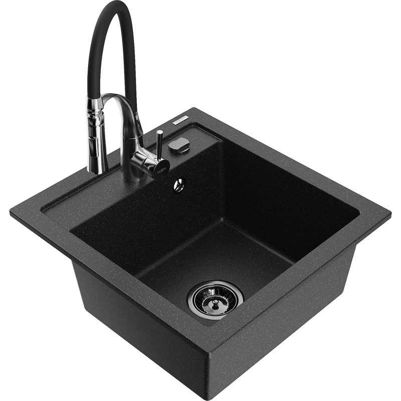 Mexen Vito 1-compartment granite sink with a kitchen mixer tap Aster, Black/Silver metallic- 6503-73-73450-07-B